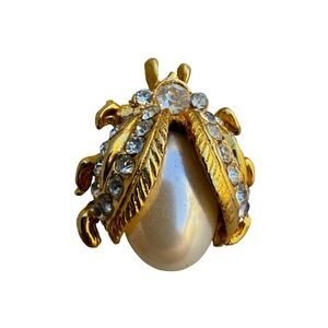 Vintage Gold Tone Faux Pearl Rhinestone Beetle Bug Scarab Brooch Pin Statement
